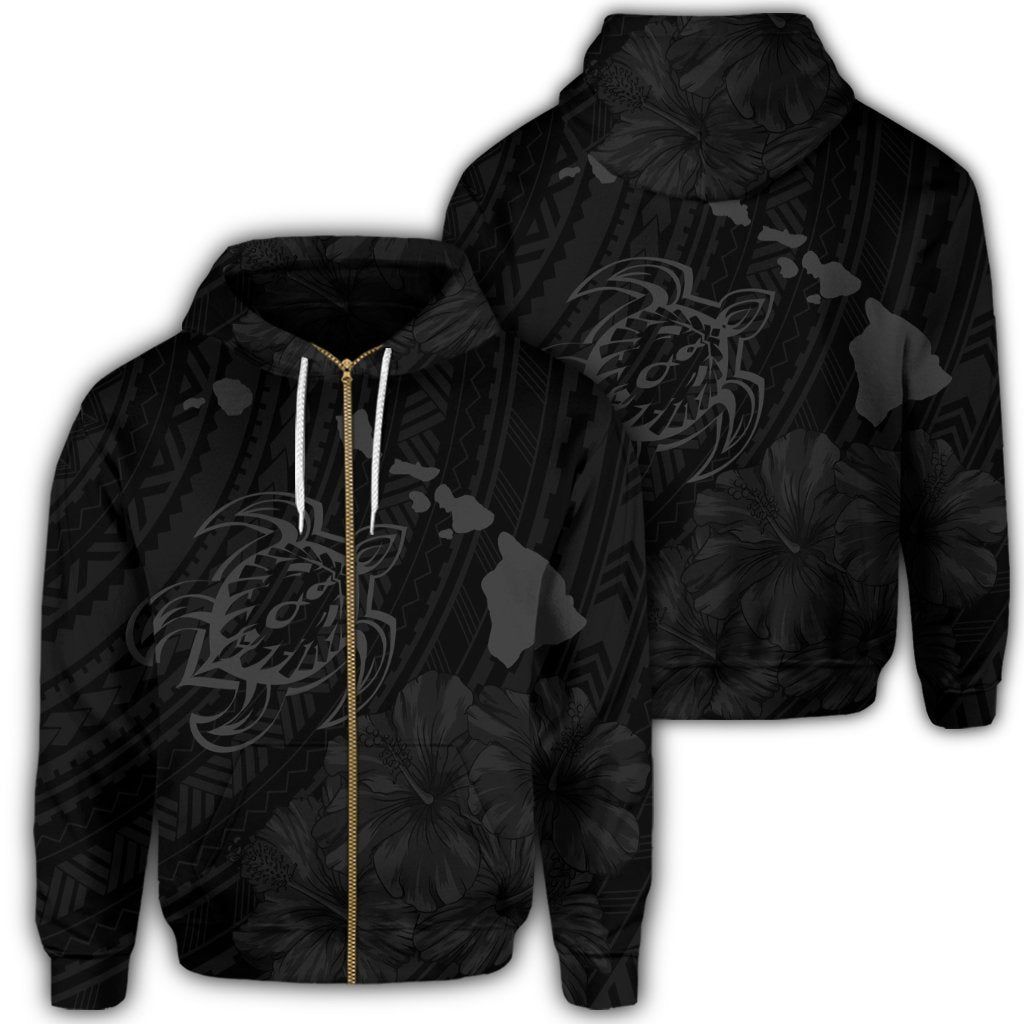 Hawaiian Hibiscus Sea Turtle Swim Polynesian Zip Hoodie Grey Unisex Art - Polynesian Pride