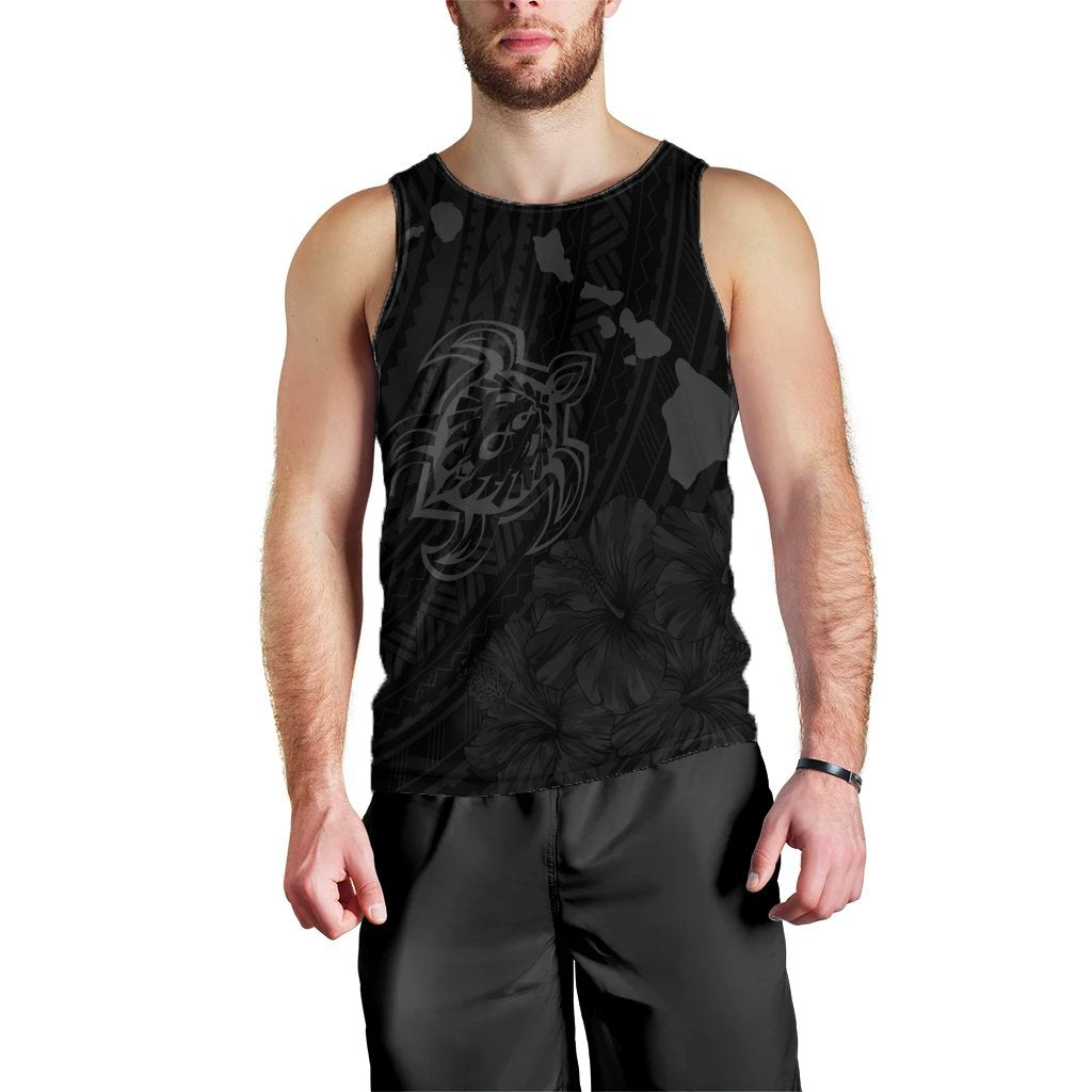 Hawaiian Hibiscus Sea Turtle Swim Polynesian Tank Top - Grey - AH Black - Polynesian Pride