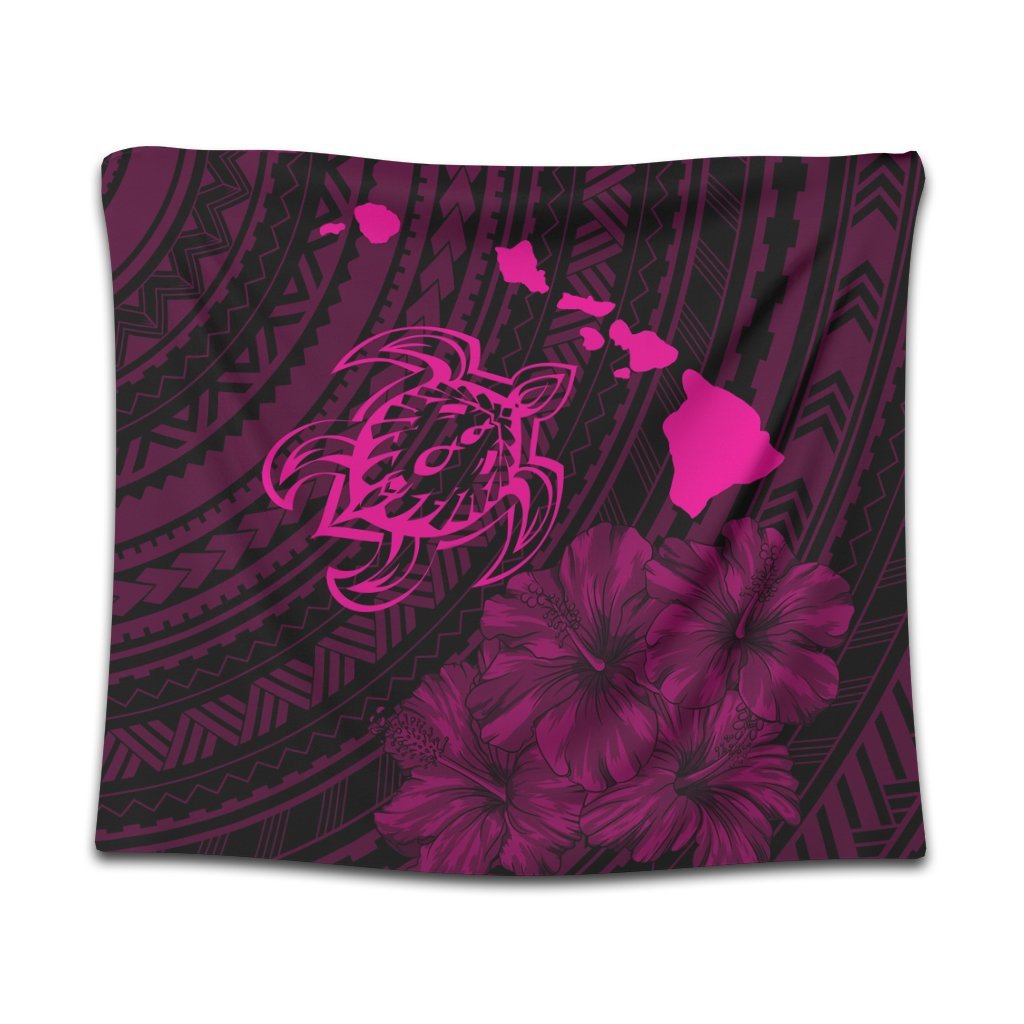 Hawaiian Hibiscus Sea Turtle Swim Polynesian Tapestry - Pink - AH Wall Tapestry Black - Polynesian Pride