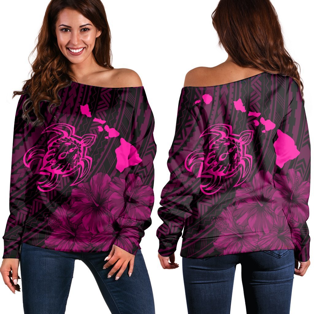 Hawaiian Hibiscus Sea Turtle Swim Polynesian Women's Off Shoulder Sweater - Pink - AH Black - Polynesian Pride