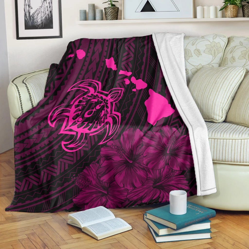 Hawaiian Hibiscus Sea Turtle Swim Polynesian Premium Blankets - Pink - AH White - Polynesian Pride