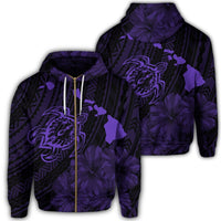 Hawaiian Hibiscus Sea Turtle Swim Polynesian Zip Hoodie Purple Unisex Art - Polynesian Pride