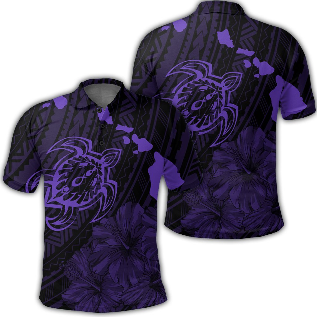 Hawaiian Hibiscus Sea Turtle Swim Polynesian Polo Shirt Purple Unisex Black - Polynesian Pride