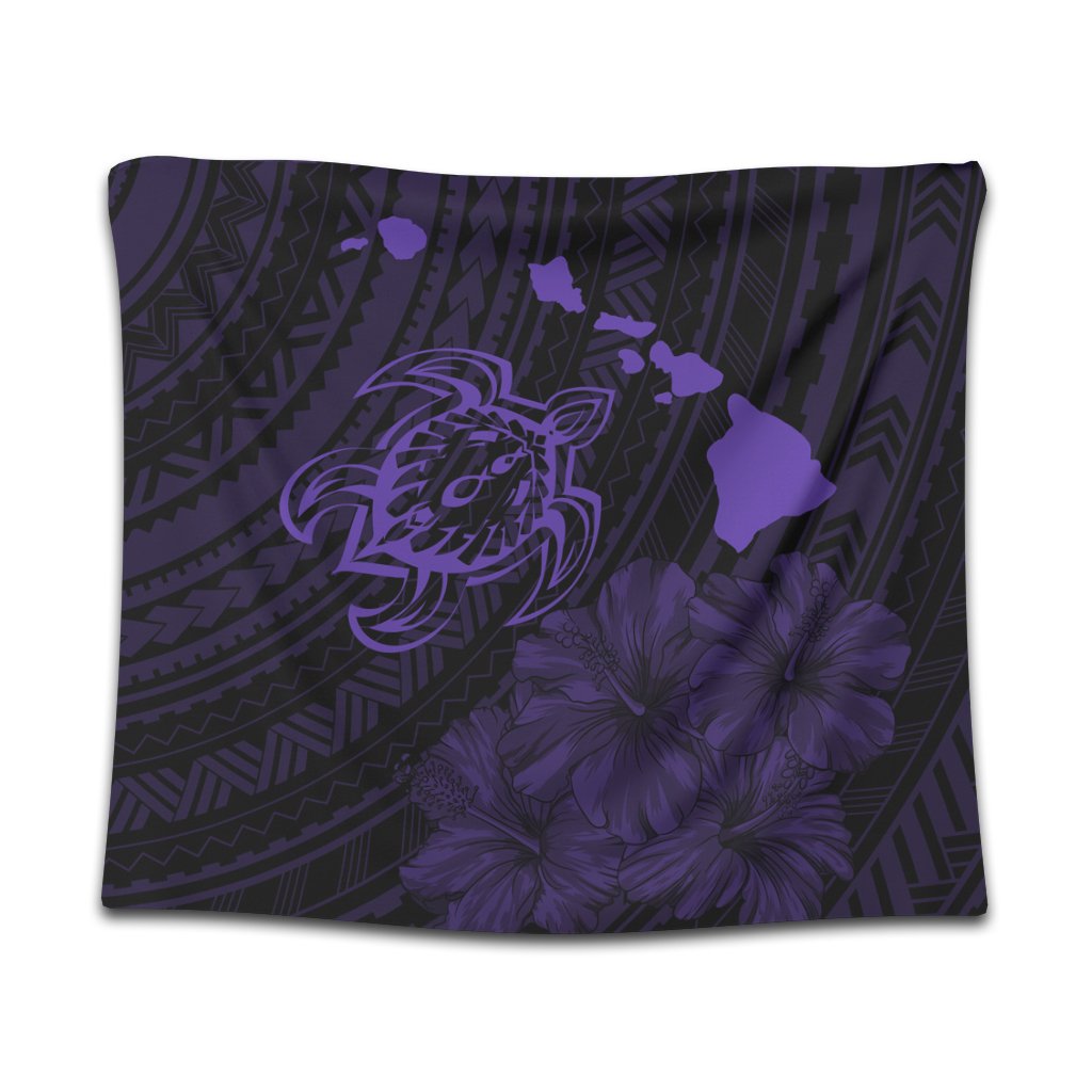 Hawaiian Hibiscus Sea Turtle Swim Polynesian Tapestry - Purple - AH Wall Tapestry Black - Polynesian Pride