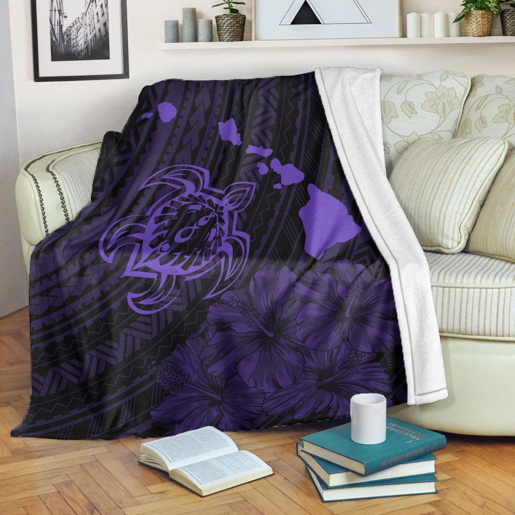 Hawaiian Hibiscus Sea Turtle Swim Polynesian Premium Blankets - Purple - AH White - Polynesian Pride