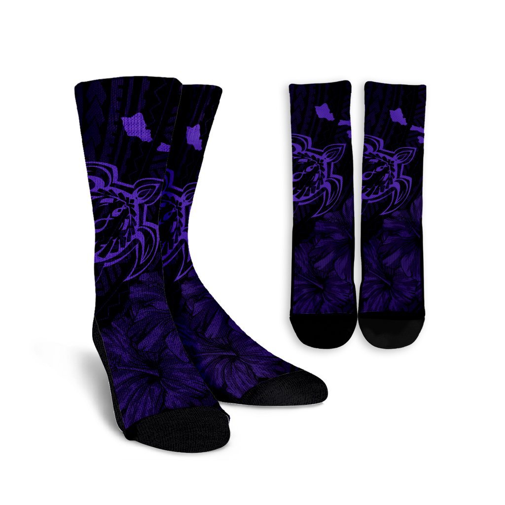Hawaiian Hibiscus Sea Turtle Swim Polynesian Crew Socks - Purple - AH Crew Socks White - Polynesian Pride