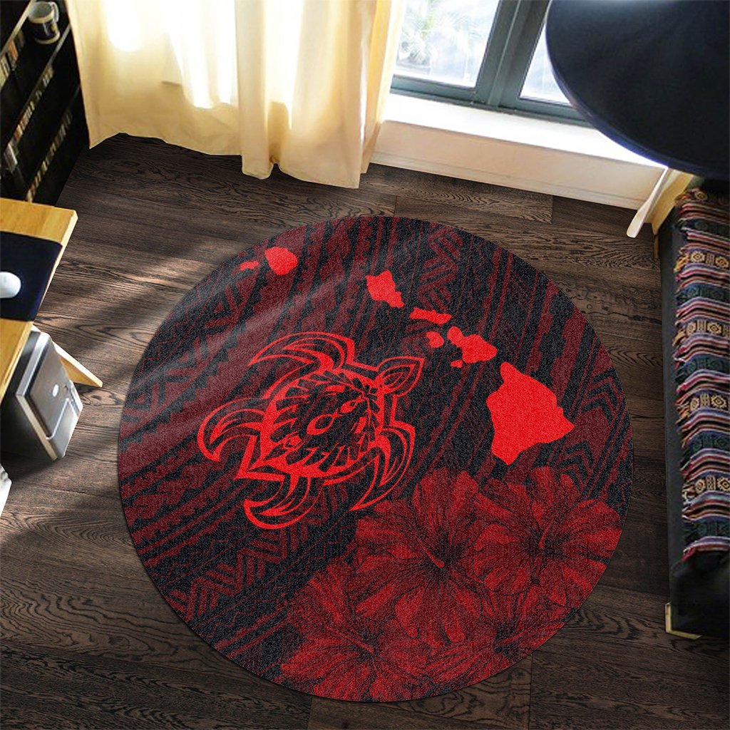 Hawaiian Hibiscus Sea Turtle Swim Polynesian Round Carpet - Red - AH - Polynesian Pride