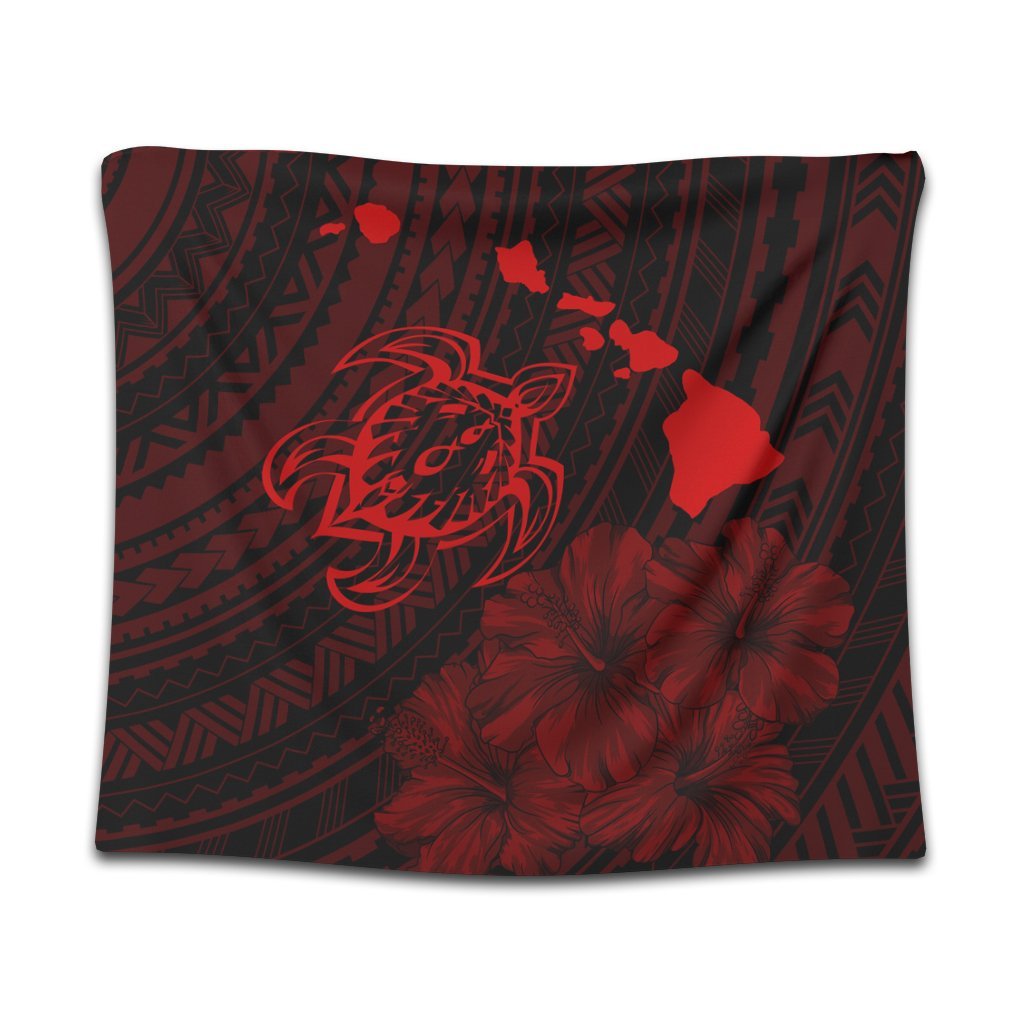 Hawaiian Hibiscus Sea Turtle Swim Polynesian Tapestry - Red - AH Wall Tapestry Black - Polynesian Pride