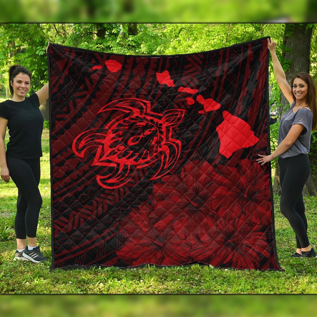 Hawaiian Hibiscus Sea Turtle Swim Polynesian Premium Quilts - Red - AH Black - Polynesian Pride