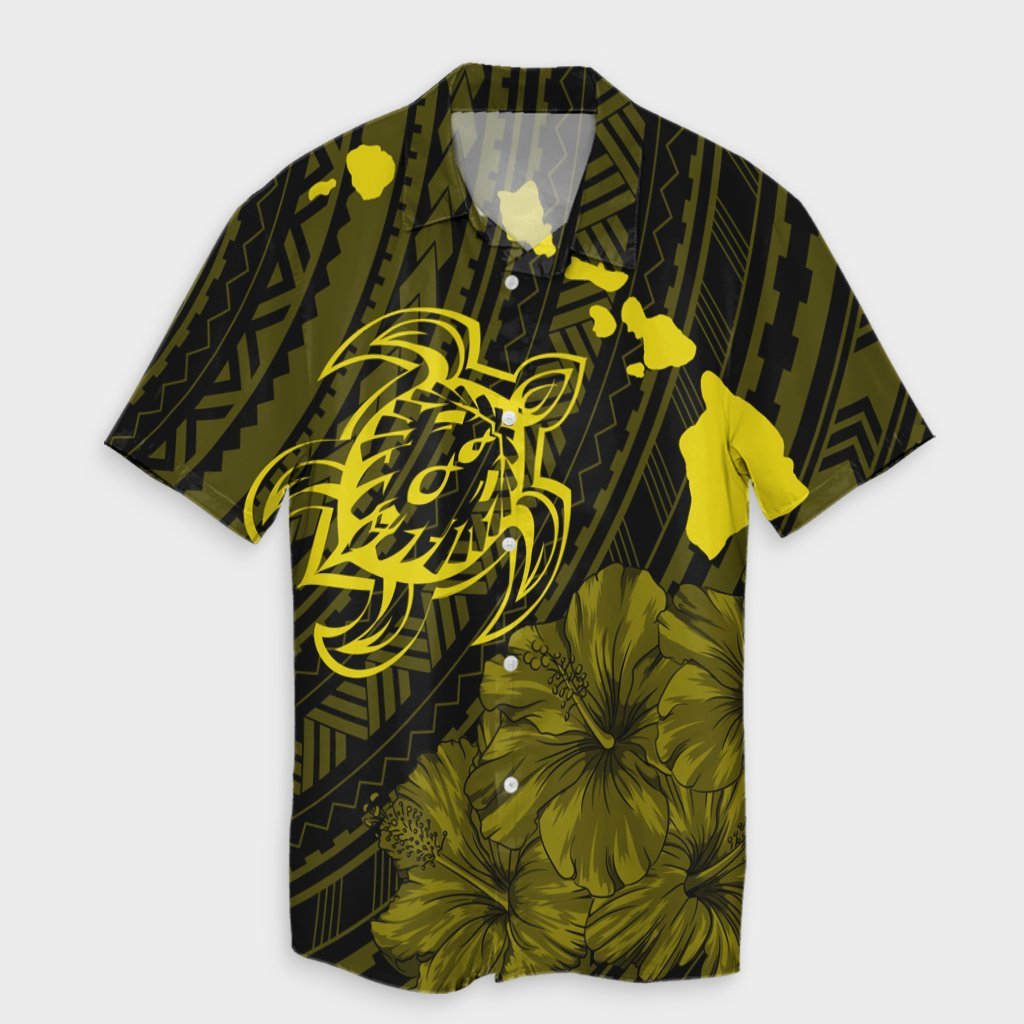 Hawaiian Hibiscus Sea Turtle Swim Polynesian Hawaiian Shirt - Yellow - AH Unisex Black - Polynesian Pride