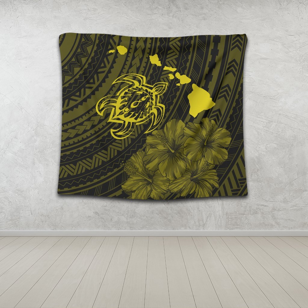 Hawaiian Hibiscus Sea Turtle Swim Polynesian Tapestry - Yellow - AH - Polynesian Pride
