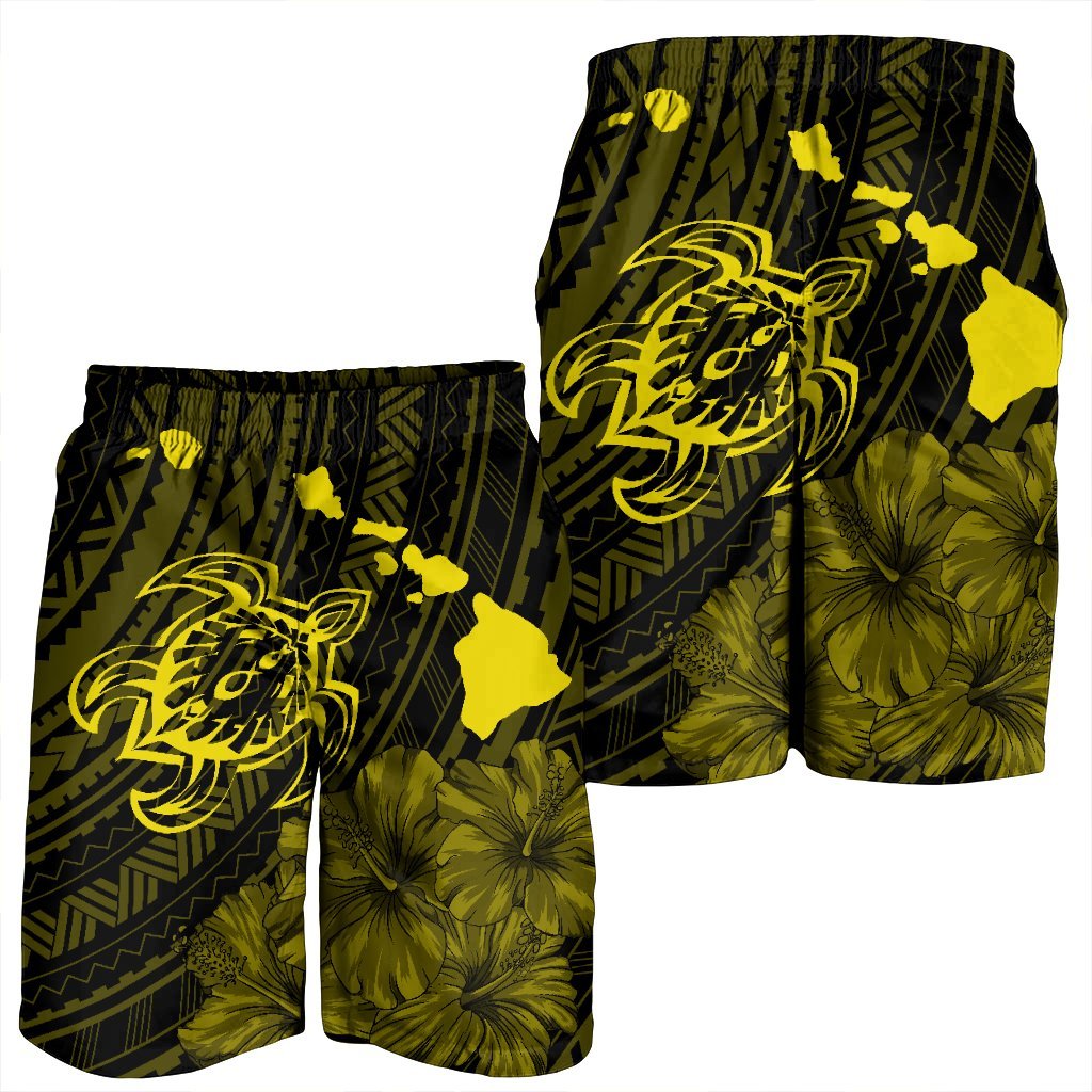 Hawaiian Hibiscus Sea Turtle Swim Polynesian Men's Shorts - Yellow - AH - Polynesian Pride