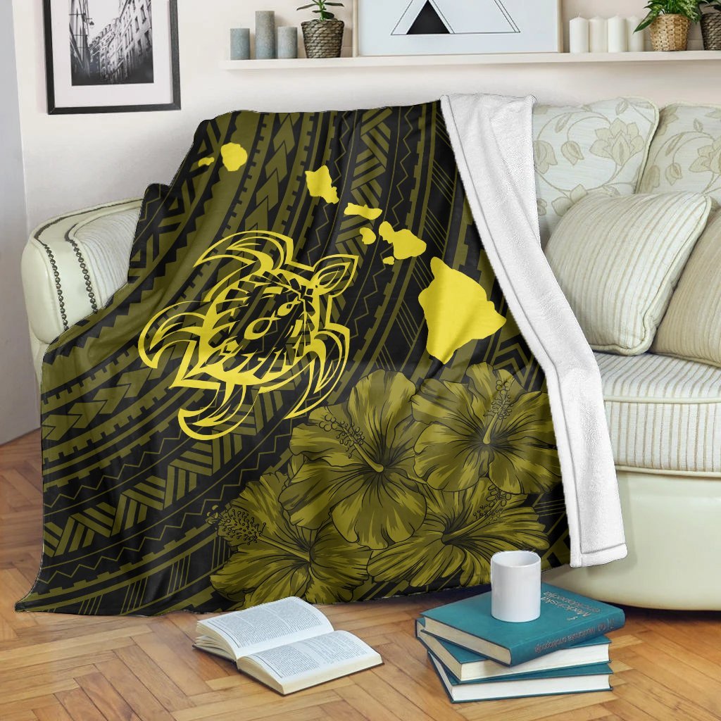 Hawaiian Hibiscus Sea Turtle Swim Polynesian Premium Blankets - Yellow - AH White - Polynesian Pride