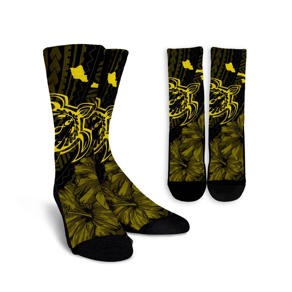 Hawaiian Hibiscus Sea Turtle Swim Polynesian Crew Socks - Yellow - AH Crew Socks White - Polynesian Pride