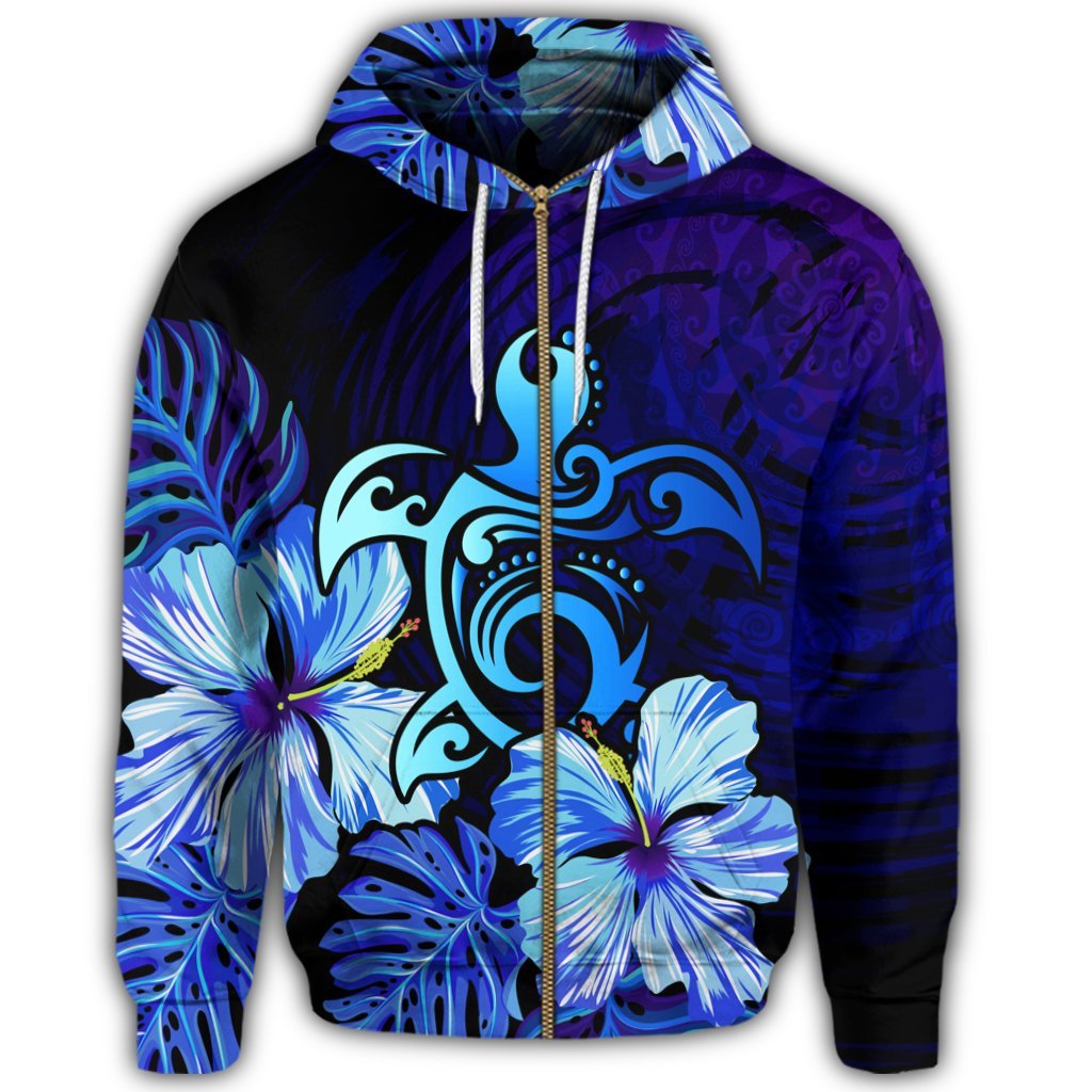 Hawaiian Hibiscus Tropical Deep Ocean Turtle Sea Zip Hoodie - Polynesian Pride