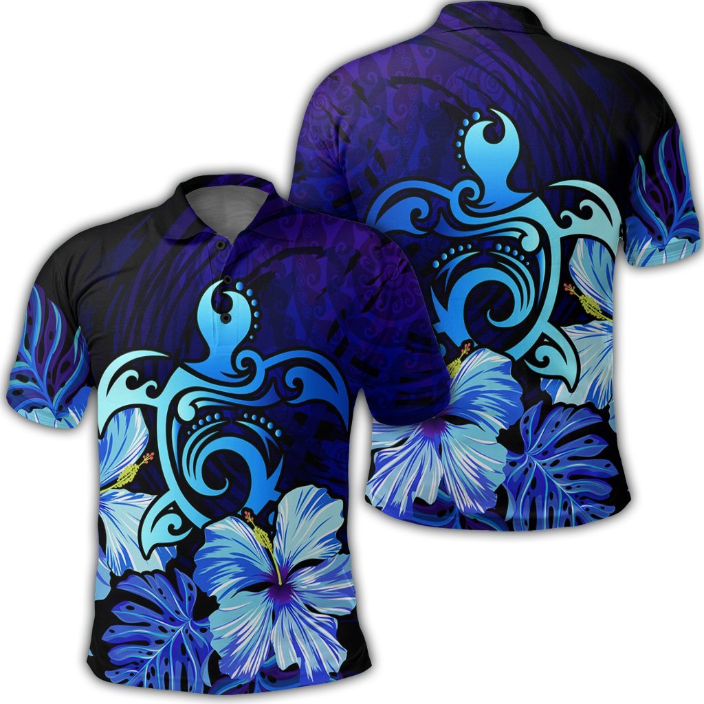 Hawaiian Hibiscus Tropical Deep Ocean Turtle Sea Polo Shirt Unisex Black - Polynesian Pride