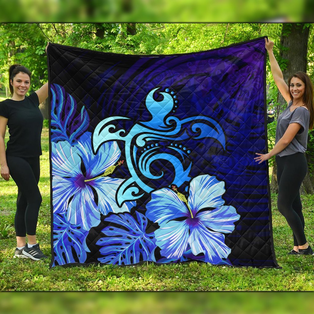 Hawaiian Hibiscus Tropical Deep Ocean Turtle Sea Premium Quilts - AH Black - Polynesian Pride