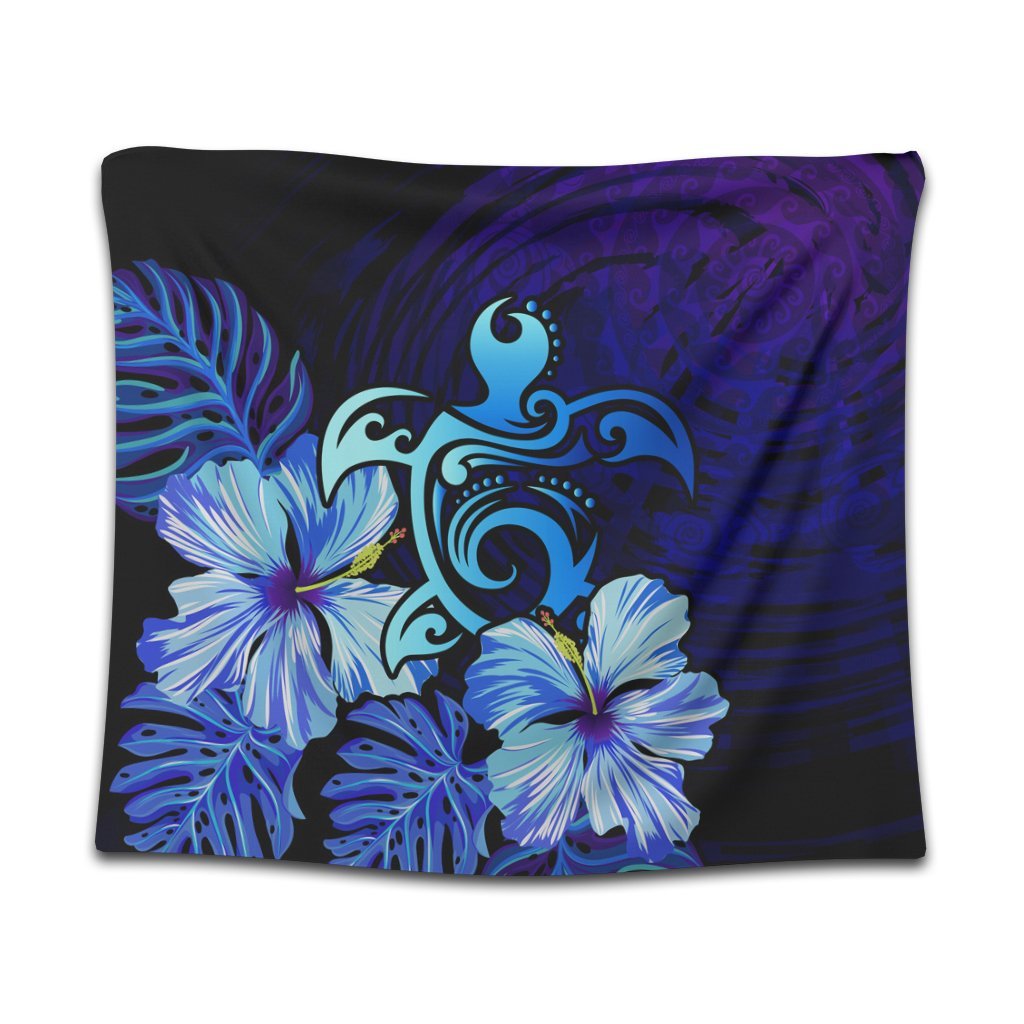 Hawaiian Hibiscus Tropical Deep Ocean Turtle Sea Tapestry - AH Wall Tapestry Black - Polynesian Pride