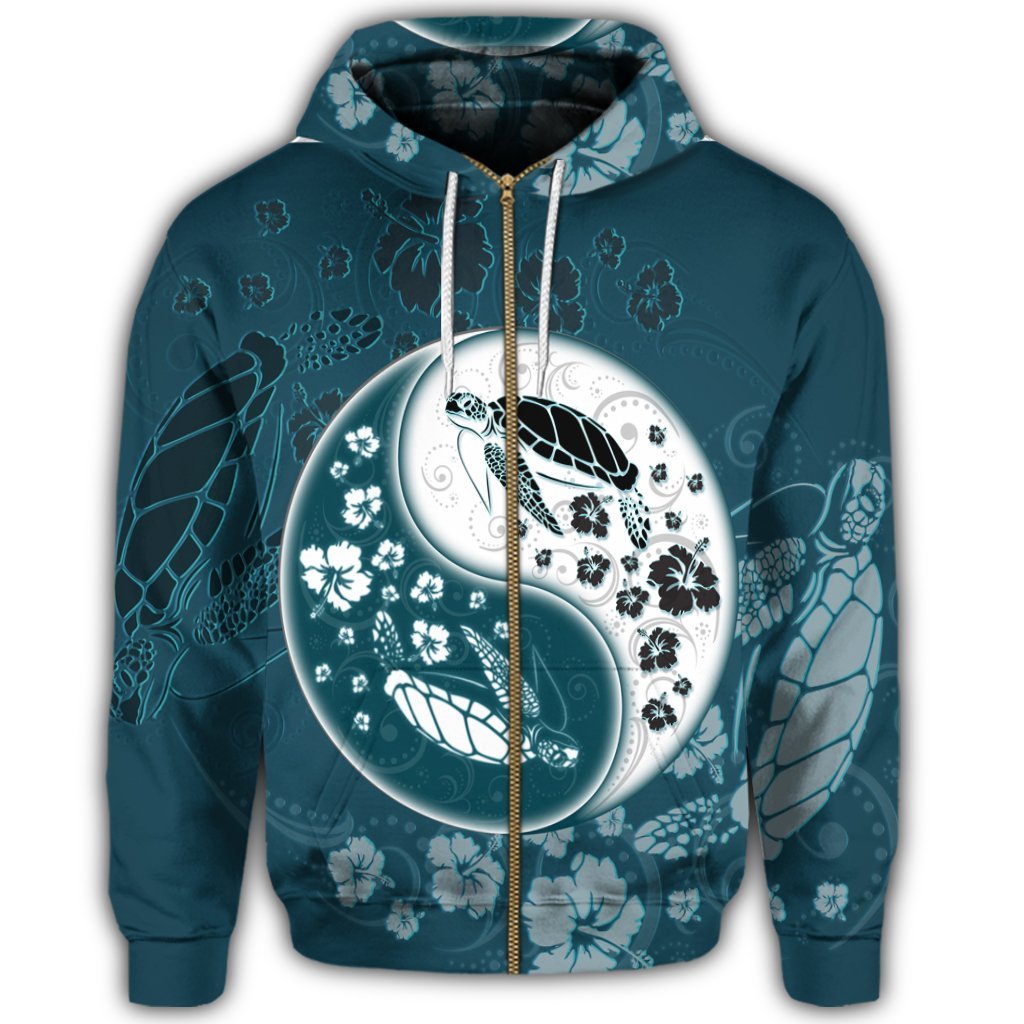 Hawaiian Hibiscus Turtle Polynesian Zip Hoodie YinYang Style - Polynesian Pride