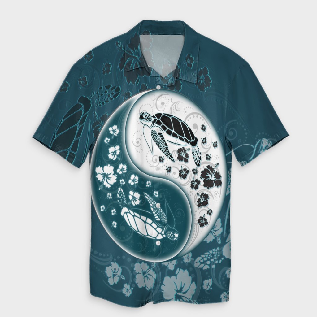 Hawaiian Hibiscus Turtle Polynesian Hawaiian Shirt YinYang Style - AH Unisex Black - Polynesian Pride