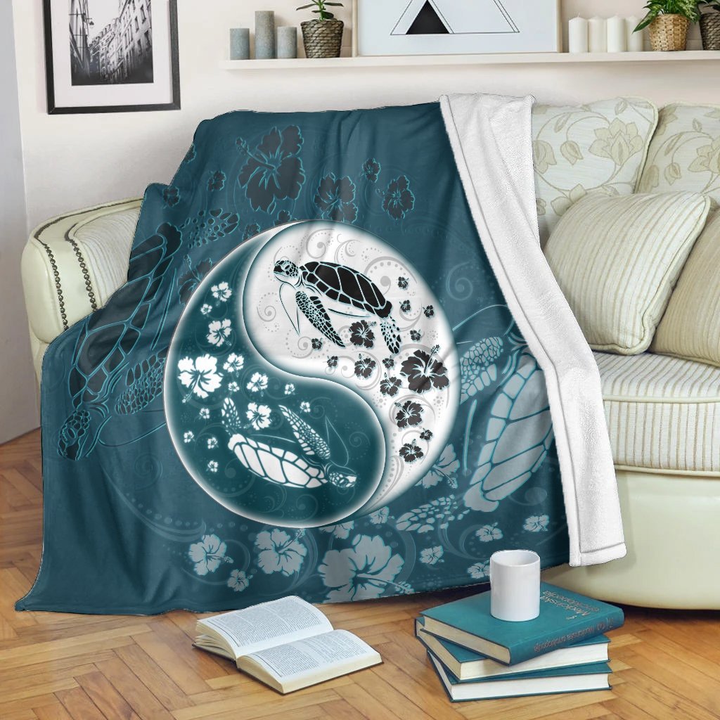 Hawaiian Hibiscus Turtle Polynesian Premium Blankets YinYang Style - AH White - Polynesian Pride