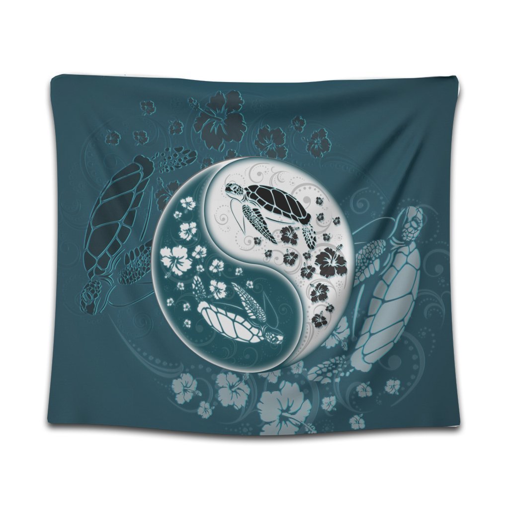 Hawaiian Hibiscus Turtle Polynesian Tapestry YinYang Style - AH Wall Tapestry Black - Polynesian Pride