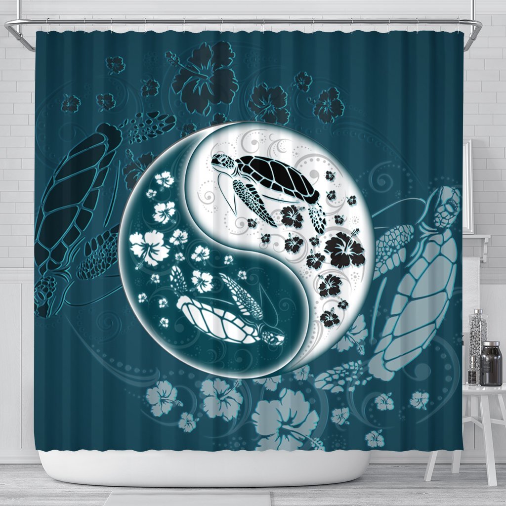 Hawaiian Hibiscus Turtle Polynesian Shower Curtain YinYang Style - AH 177 x 172 (cm) Black - Polynesian Pride