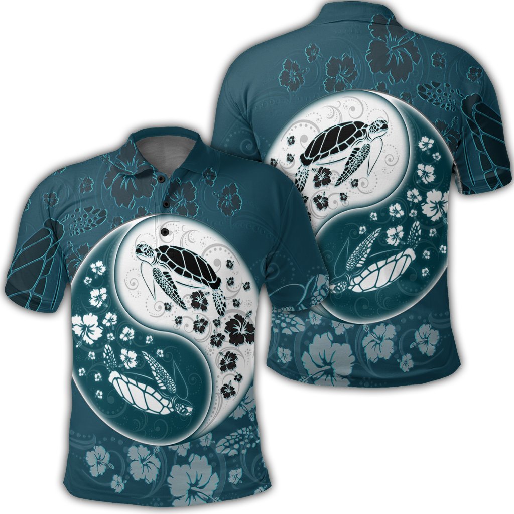 Hawaiian Hibiscus Turtle Polynesian Polo Shirt YinYang Style Unisex Black - Polynesian Pride