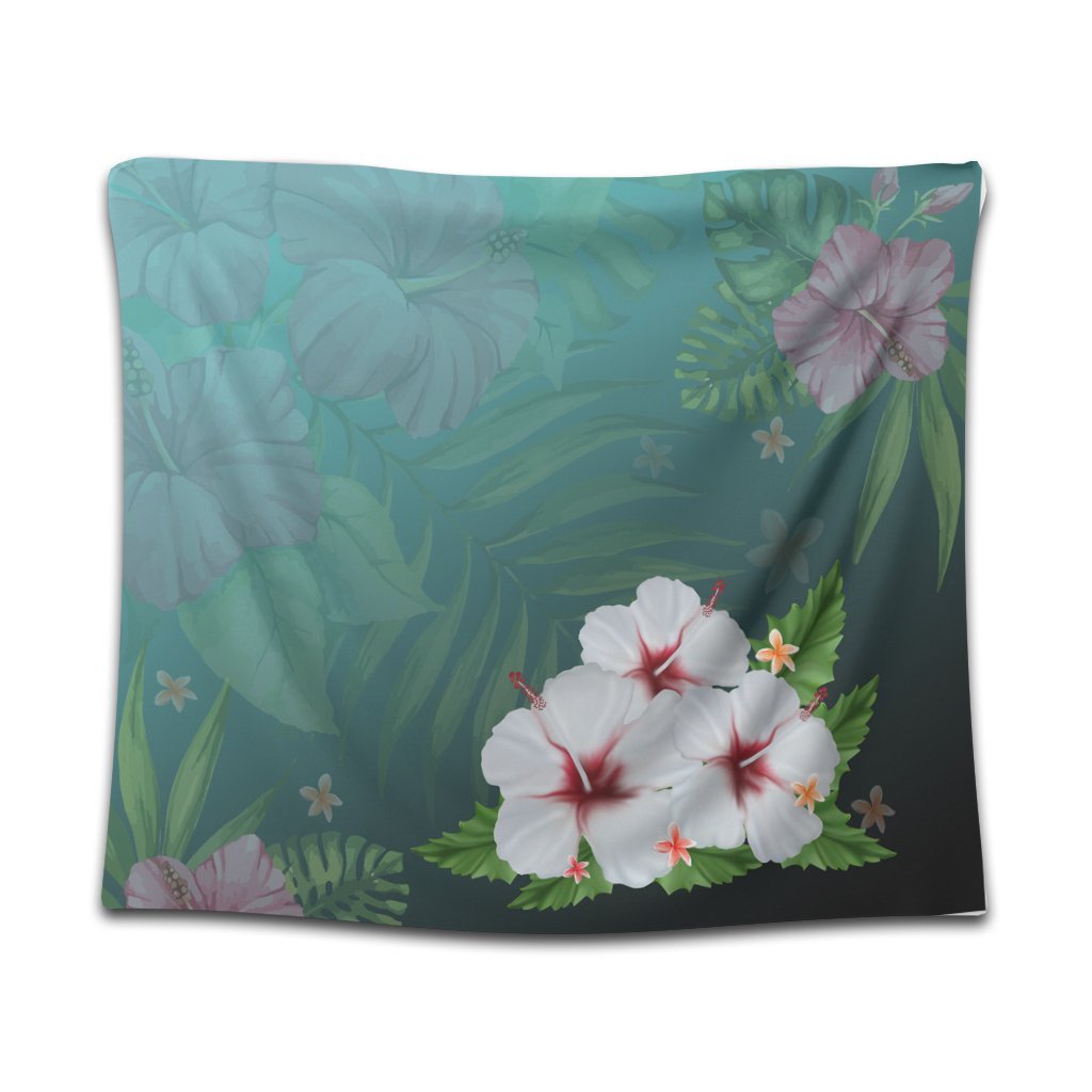 Hawaiian Hibiscus White Flower Gleeful Tapestry - AH Wall Tapestry Black - Polynesian Pride