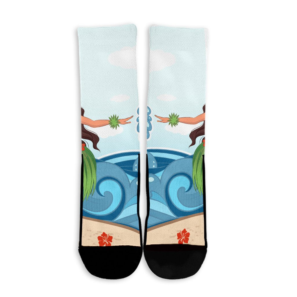 Hawaiian Hula Dance Cartoon Hibiscus Wave Crew Socks - AH - Polynesian Pride