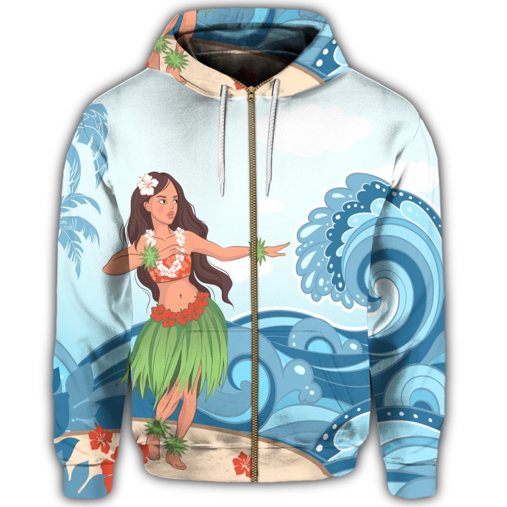 Hawaiian Hula Dance Cartoon Hibiscus Wave Zip Hoodie - Polynesian Pride