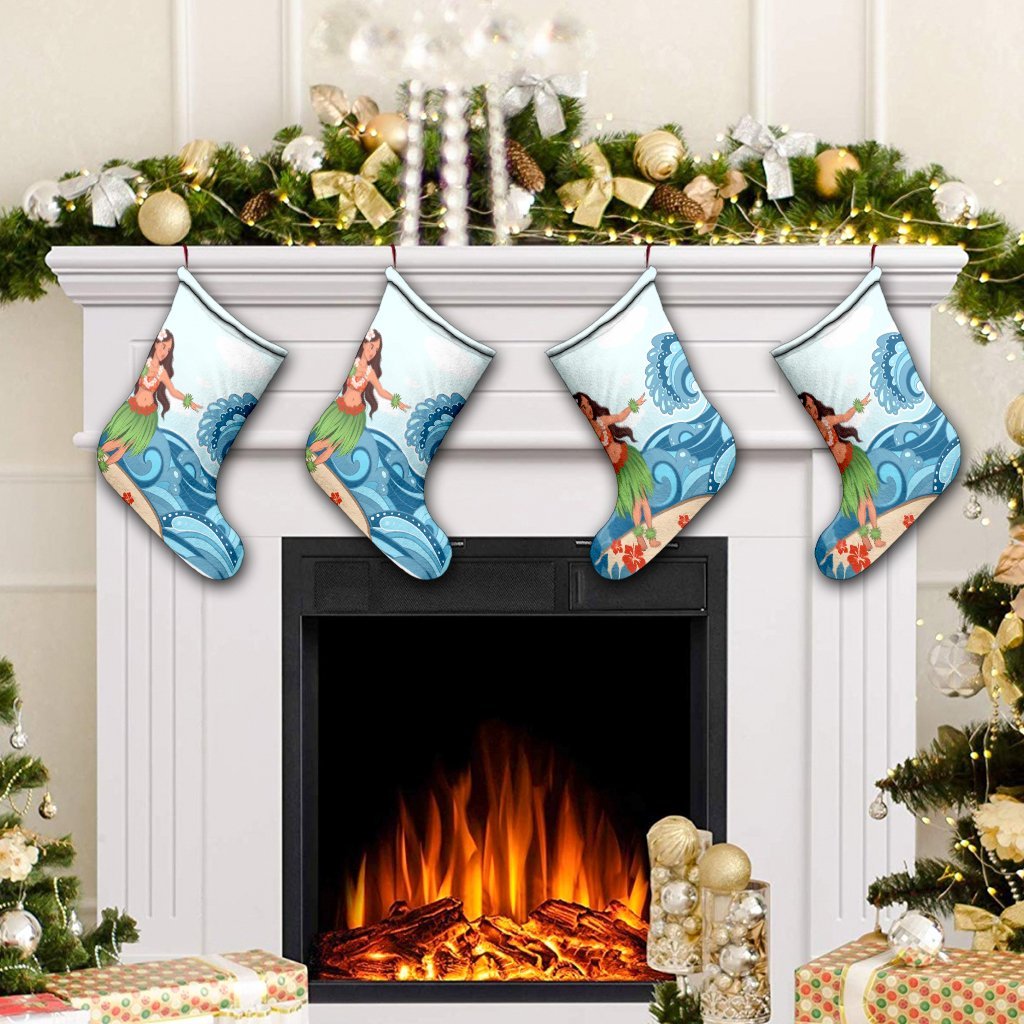 Hawaiian Hula Dance Cartoon Hibiscus Wave Christmas Stocking - AH - Polynesian Pride