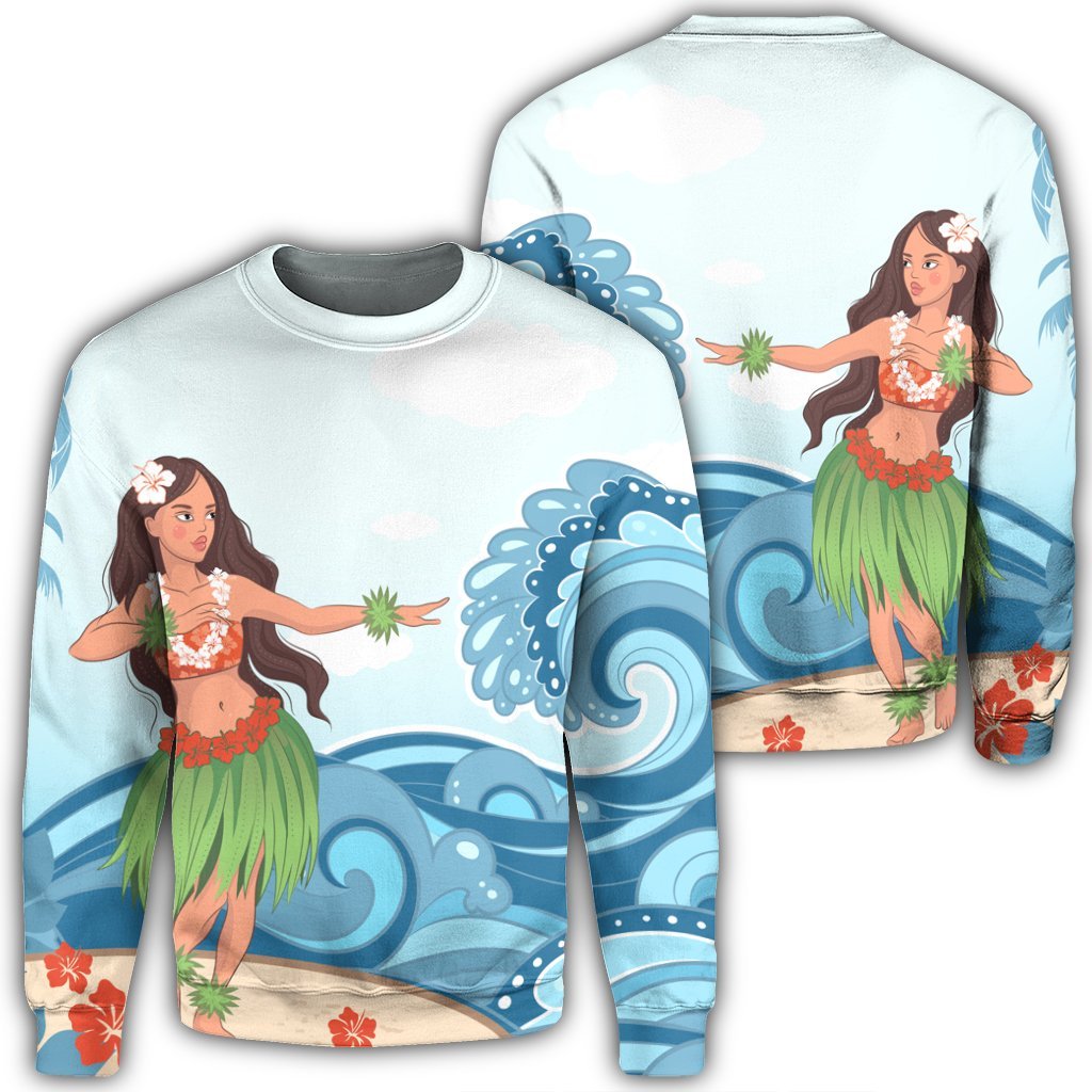 Hawaiian Hula Dance Cartoon Hibiscus Wave Sweatshirt - AH Unisex Black - Polynesian Pride