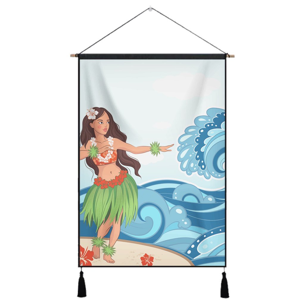 Hawaiian Hula Dance Cartoon Hibiscus Wave Hanging Poster - AH Hanging Poster Cotton And Linen - Polynesian Pride