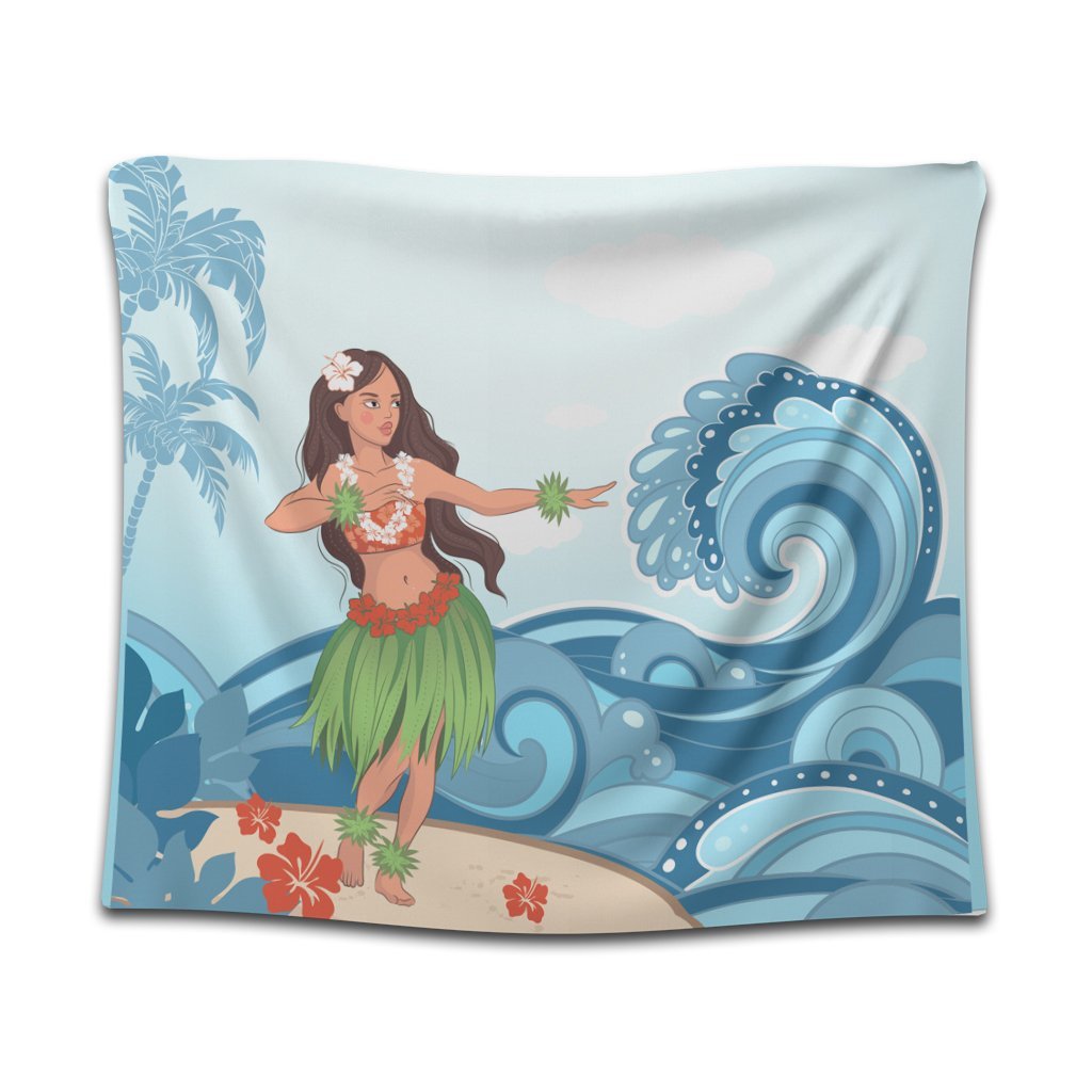 Hawaiian Hula Dance Cartoon Hibiscus Wave Tapestry - AH Wall Tapestry Black - Polynesian Pride