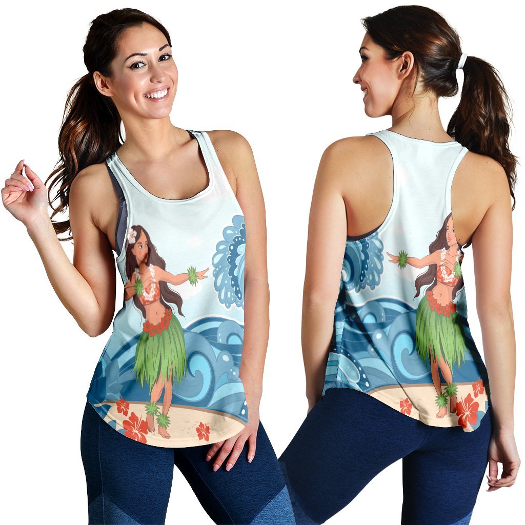 Hawaiian Hula Dance Cartoon Hibiscus Wave Racerback Tank - AH Black - Polynesian Pride