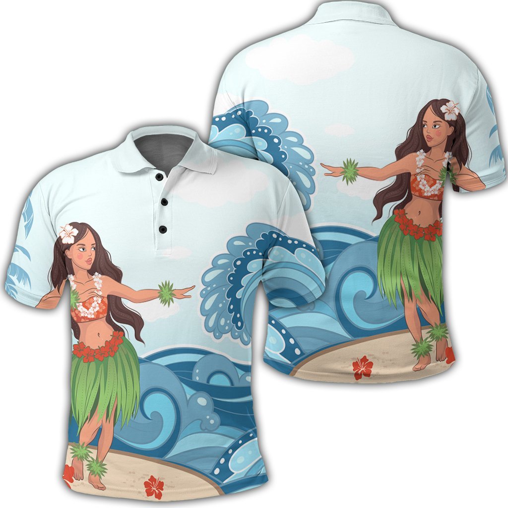 Hawaiian Hula Dance Cartoon Hibiscus Wave Polo Shirt Unisex Black - Polynesian Pride