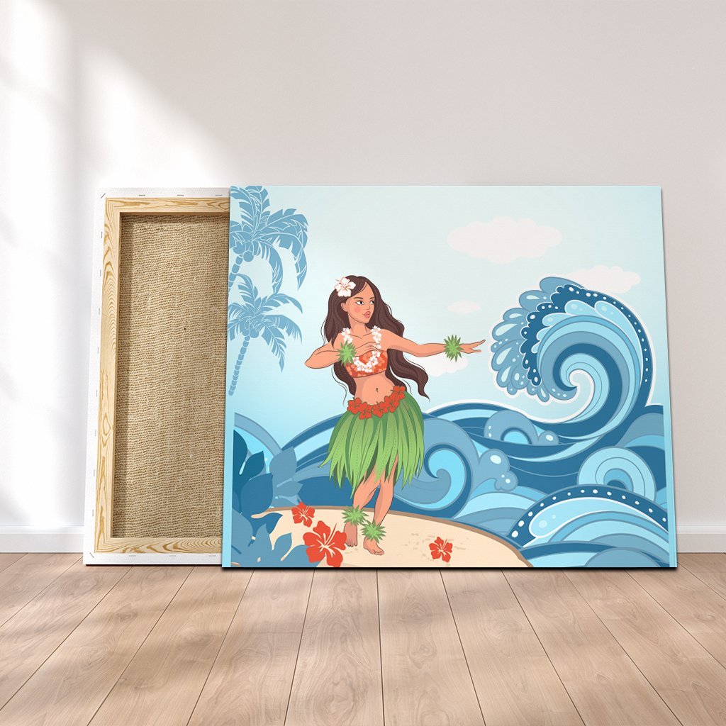 Hawaiian Hula Dance Cartoon Hibiscus Wave Canvas - AH Canvas Poly-cotton - Polynesian Pride