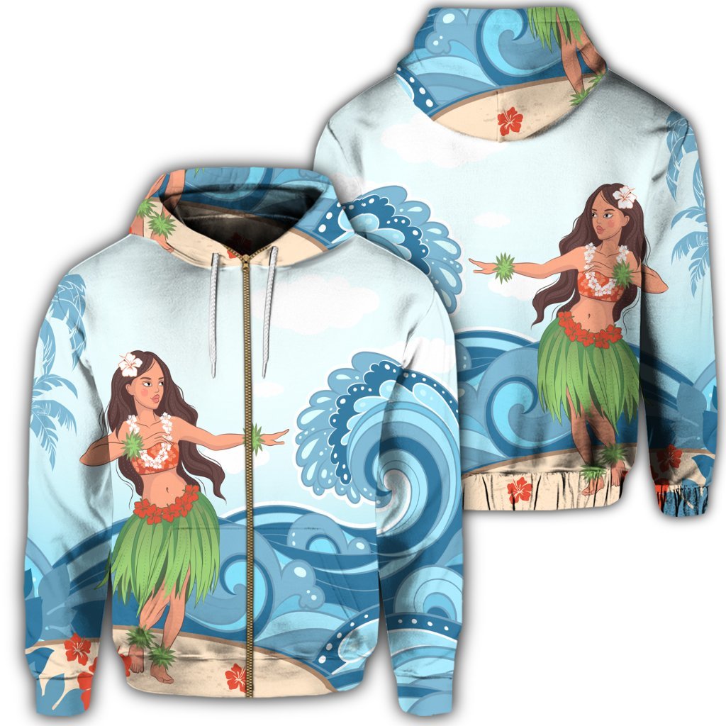 Hawaiian Hula Dance Cartoon Hibiscus Wave Zip Hoodie Unisex Art - Polynesian Pride