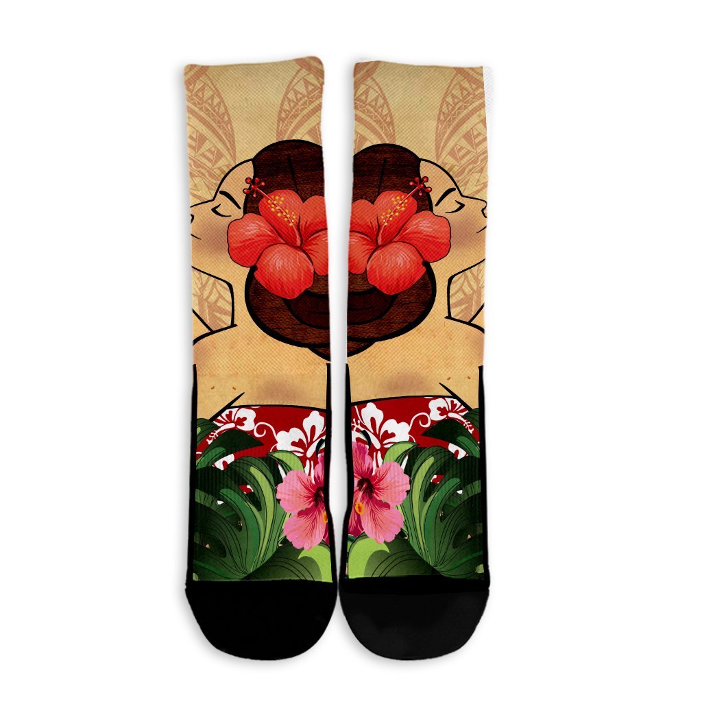 Hawaiian Hula Girl And Hibiscus Polynesian Crew Socks - AH - Polynesian Pride