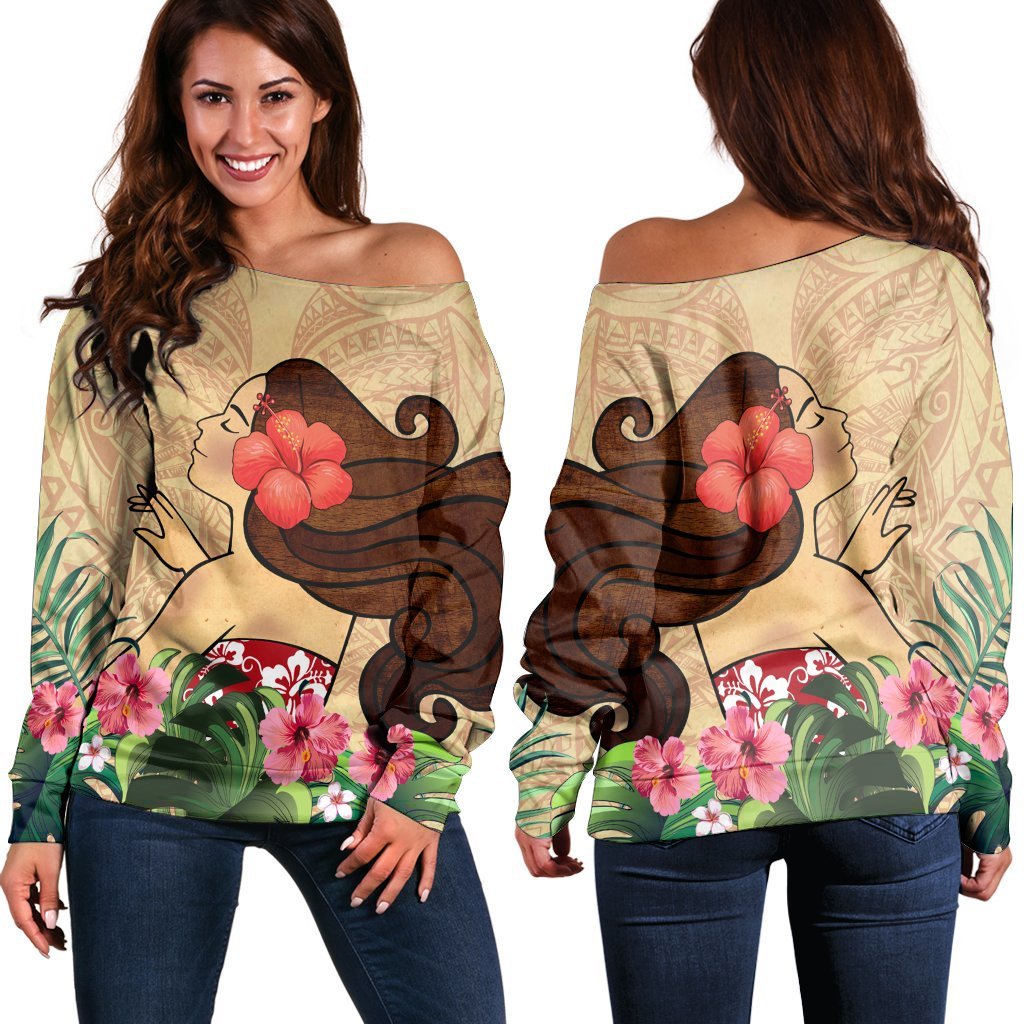 Hawaiian Hula Girl And Hibiscus Polynesian Women's Off Shoulder Sweater - AH Black - Polynesian Pride