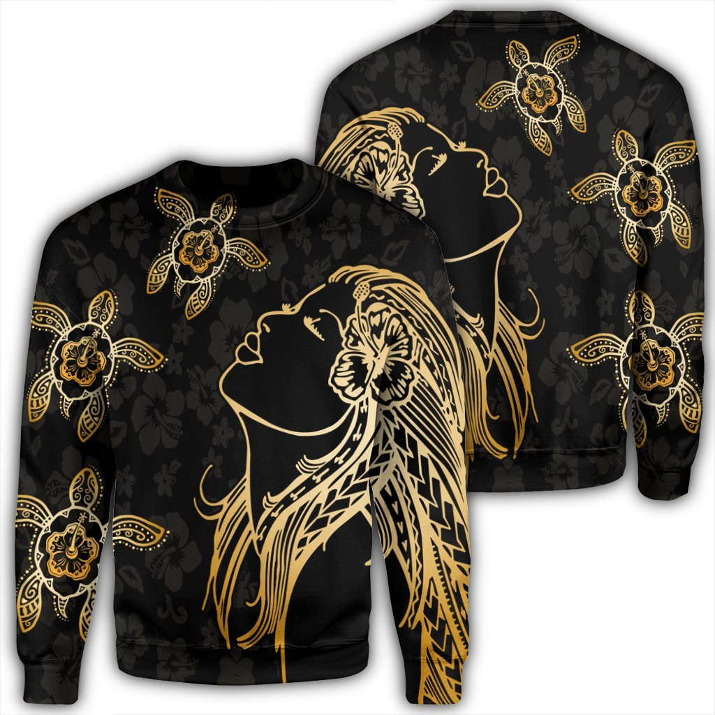 Hawaiian Hula Girl And Turtle Hibiscus Sweatshirt - AH Unisex Black - Polynesian Pride