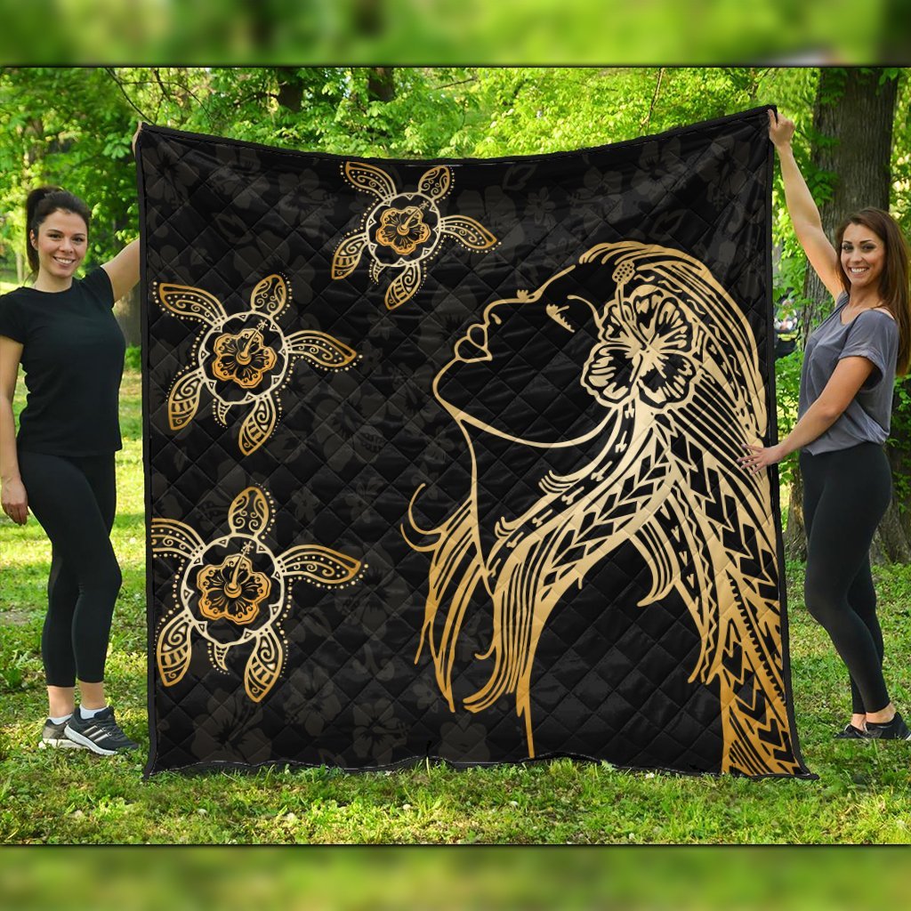 Hawaiian Hula Girl And Turtle Hibiscus Premium Quilts - AH Black - Polynesian Pride