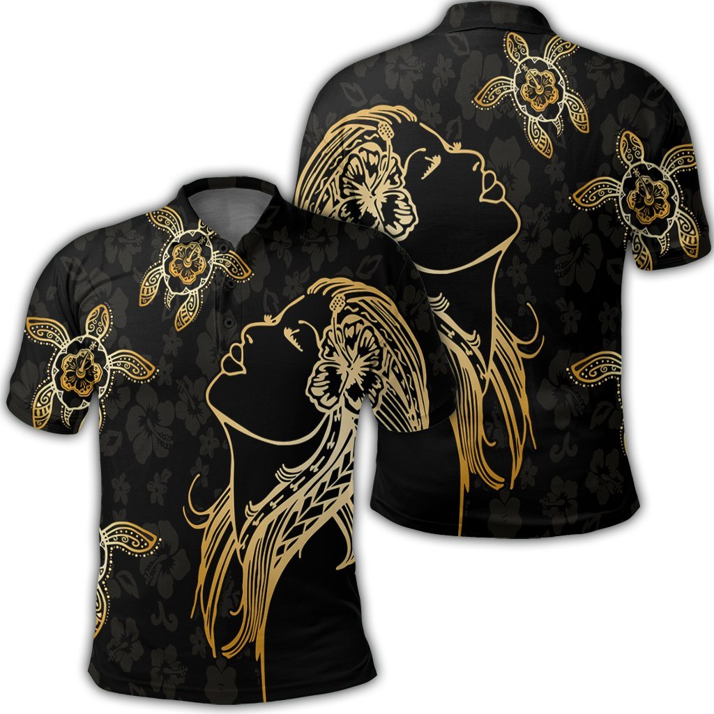 Hawaiian Hula Girl and Turtle Hibiscus Polo Shirt Unisex Black - Polynesian Pride