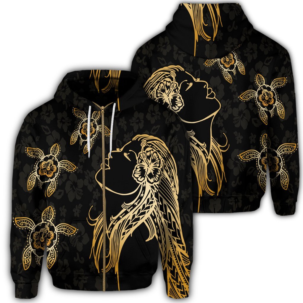 Hawaiian Hula Girl and Turtle Hibiscus Zip Hoodie Unisex Art - Polynesian Pride