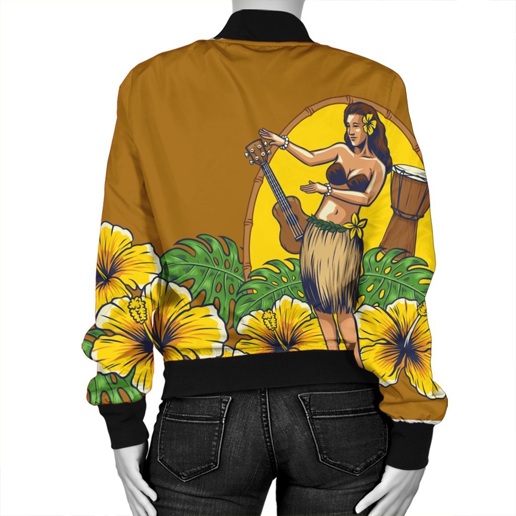 Hawaiian Hula Girl Monstera Hibiscus Polynesian Bomber Jacket - AH - Polynesian Pride