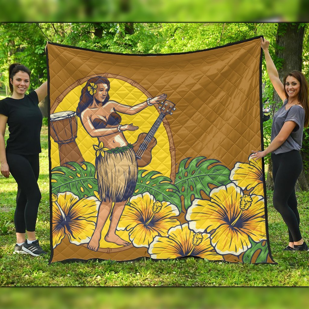 Hawaiian Hula Girl Monstera Hibiscus Polynesian Premium Quilts - AH Black - Polynesian Pride