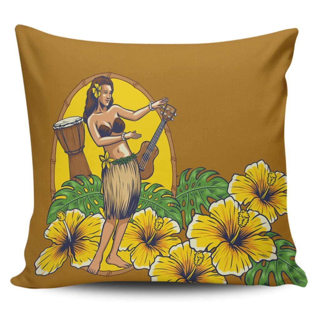 Hawaiian Hula Girl Monstera Hibiscus Polynesian Pillow Covers - AH Pillow Covers Black - Polynesian Pride