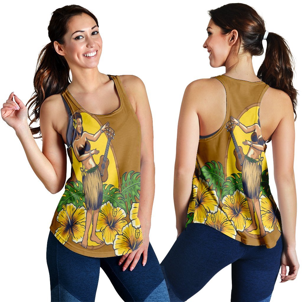 Hawaiian Hula Girl Monstera Hibiscus Polynesian Racerback Tank - AH Female Black - Polynesian Pride