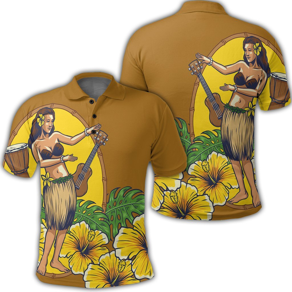 Hawaiian Hula Girl Monstera Hibiscus Polynesian Polo Shirt Unisex Black - Polynesian Pride